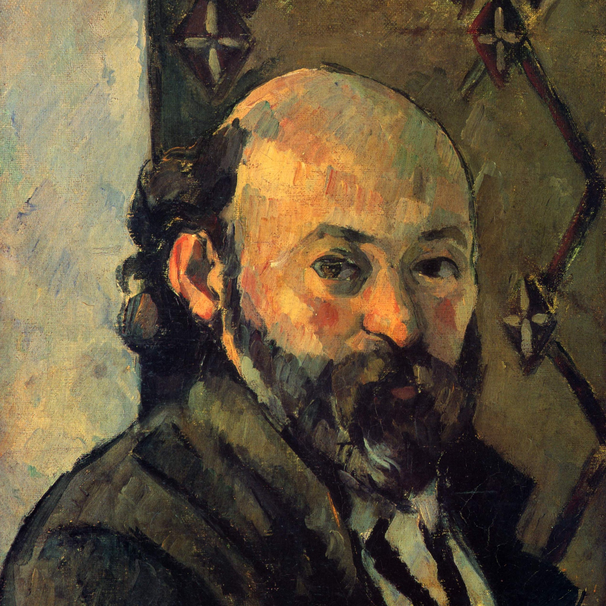 Self-portrait in front of olive wallpaper