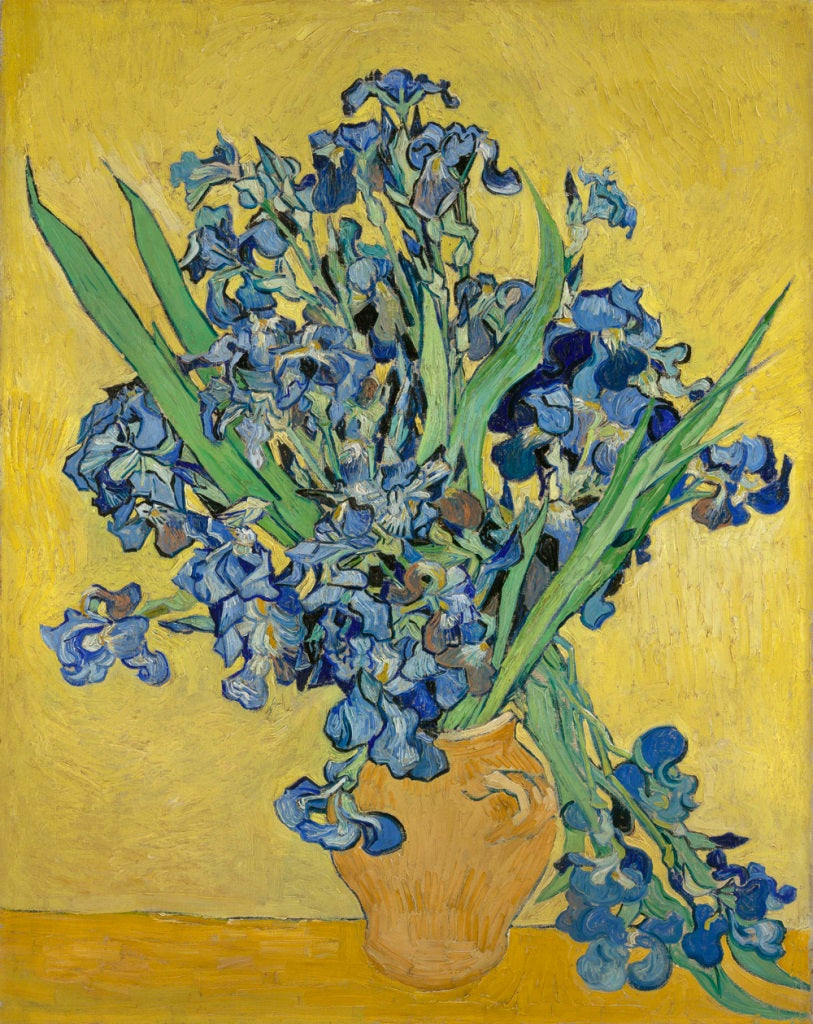 Still Life Vase with Irises Against a Yellow Background 1890